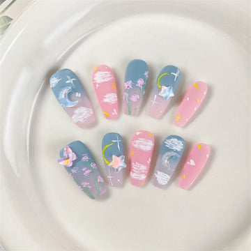 Qfdian Oil Painting Handmade Press on Nails Design Cute Fake Nails Design Butterfly Moon Stars Wearable Adhesive Women False Nail Tips